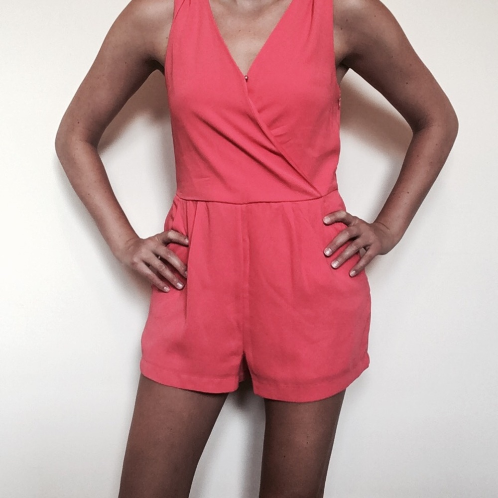 Watermelon pink romper with pockets!