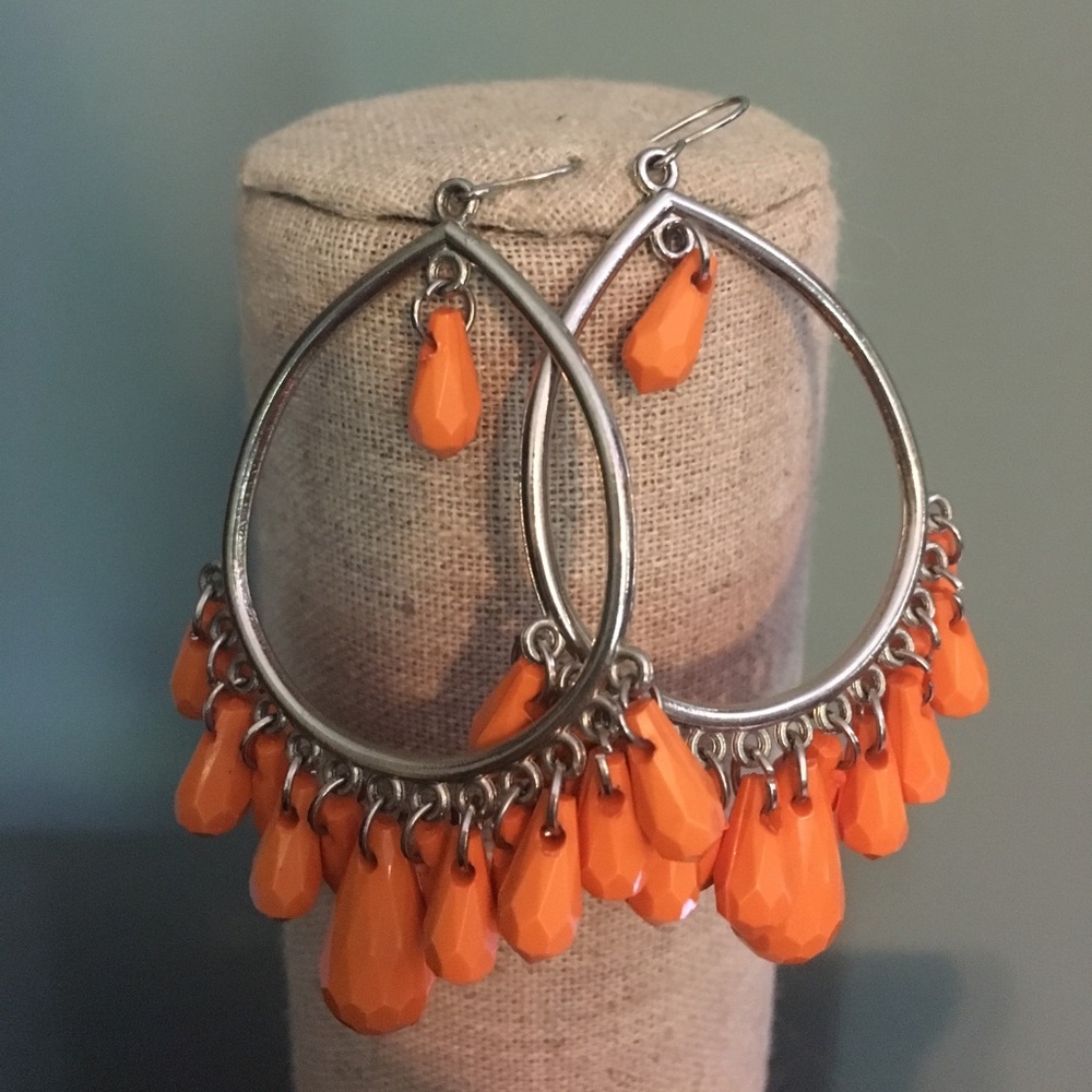 Orange and silver tear drop shape earrings