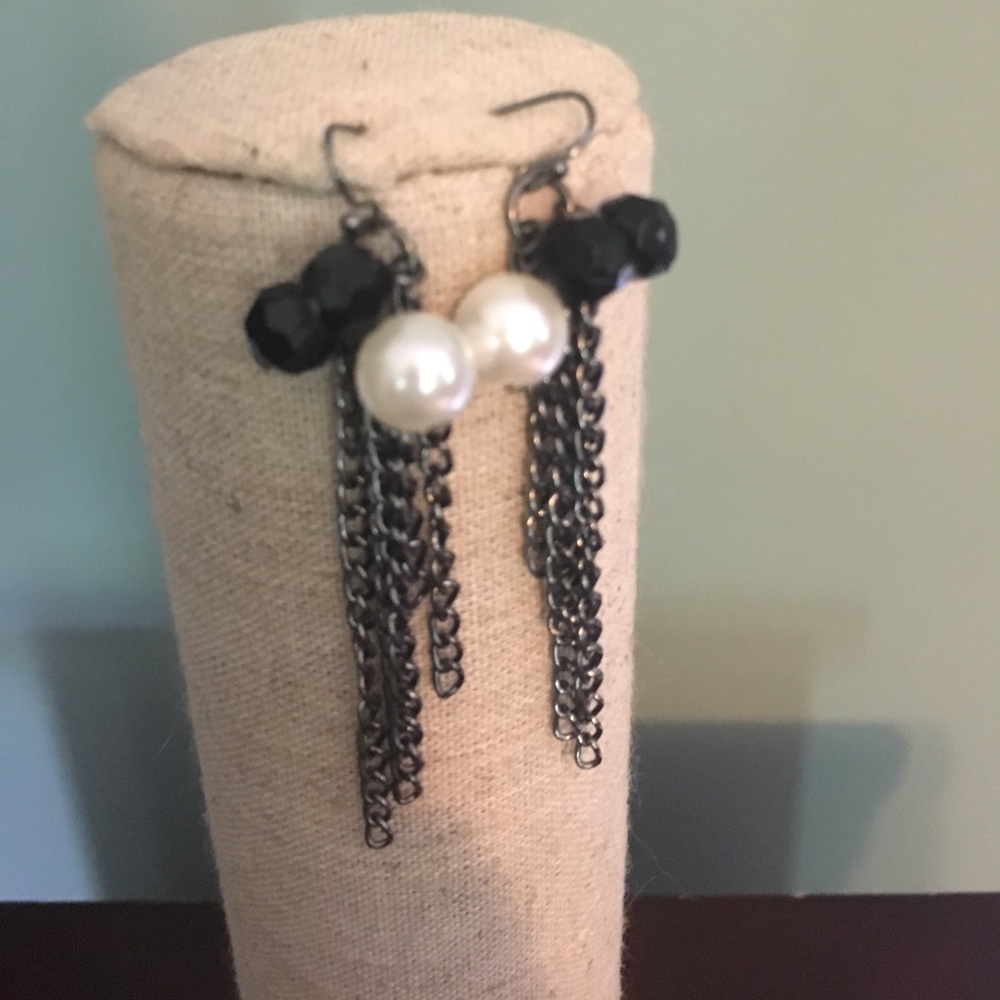 Black silver and Pearl earrings