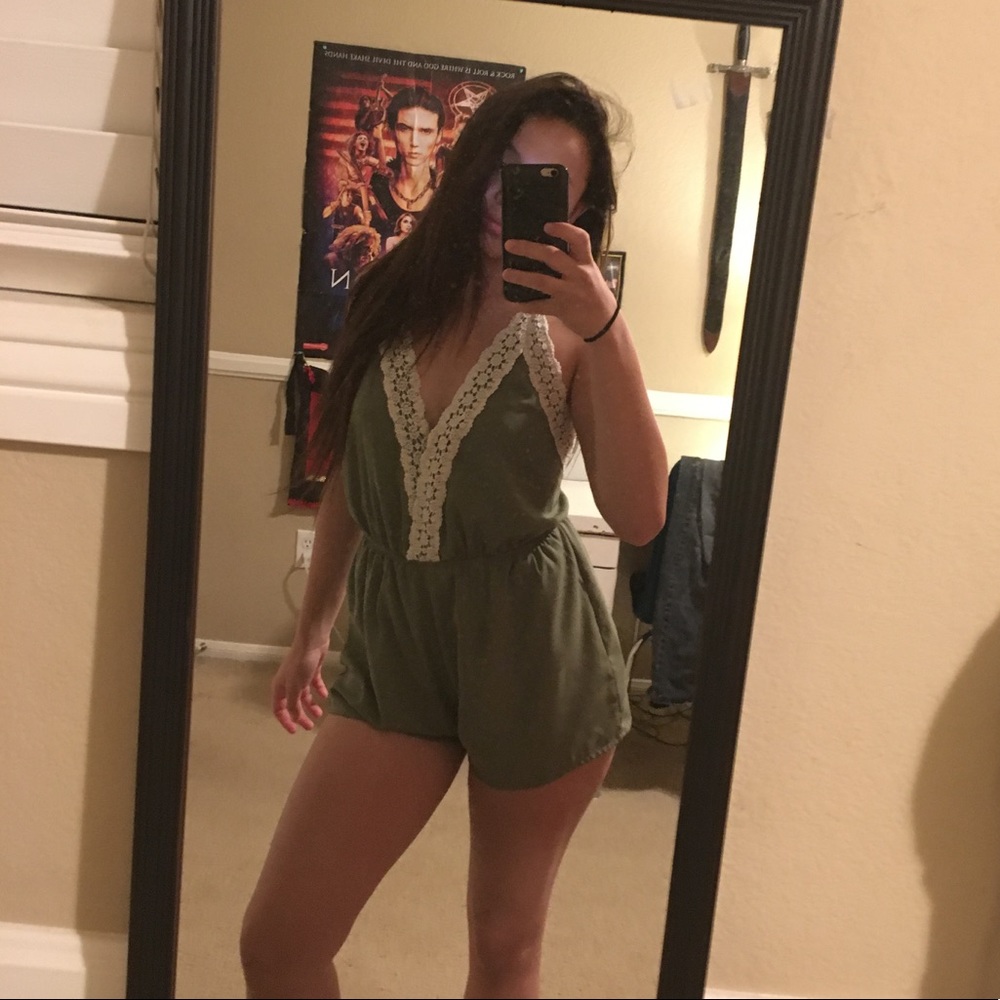 Green and white lace romper