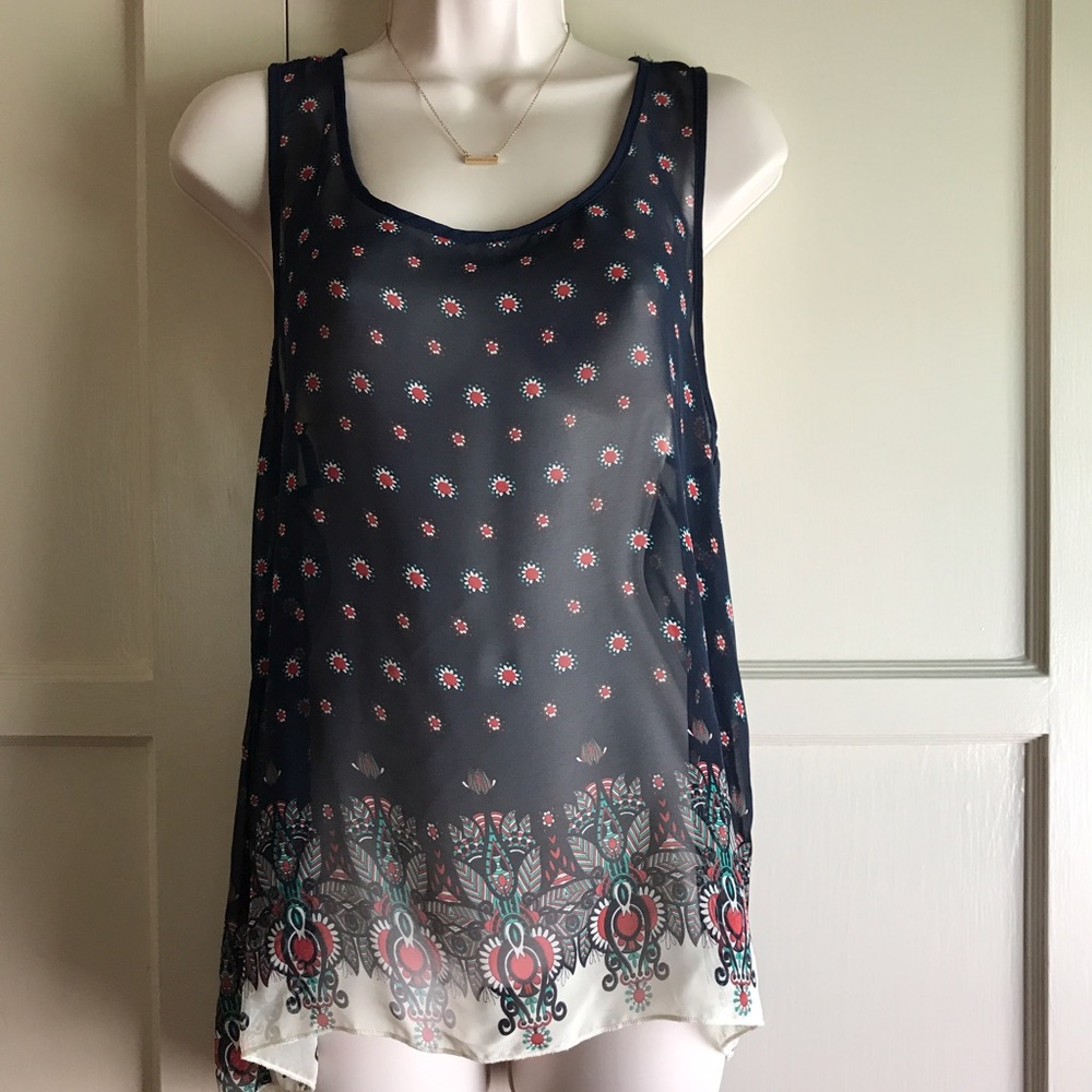 Navy Sheer with Lace Tank with print