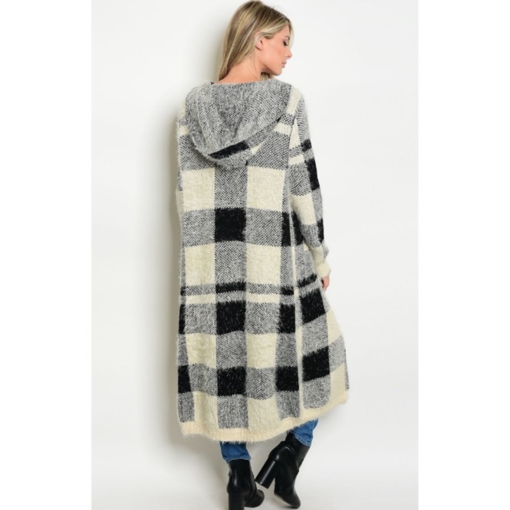 •LAST 1• Black & Cream Plaid Fuzzy Jacket Duster - Picture 2 of 2