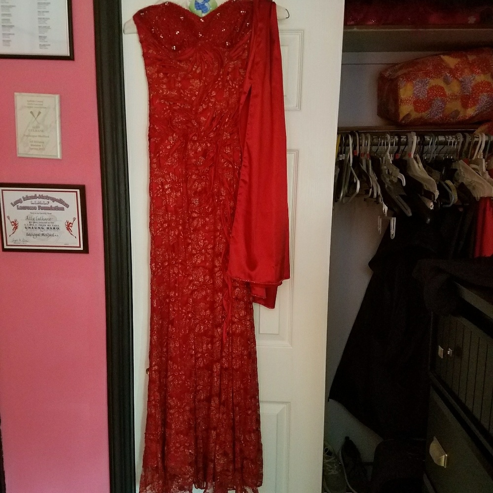 Red gown with gold detail