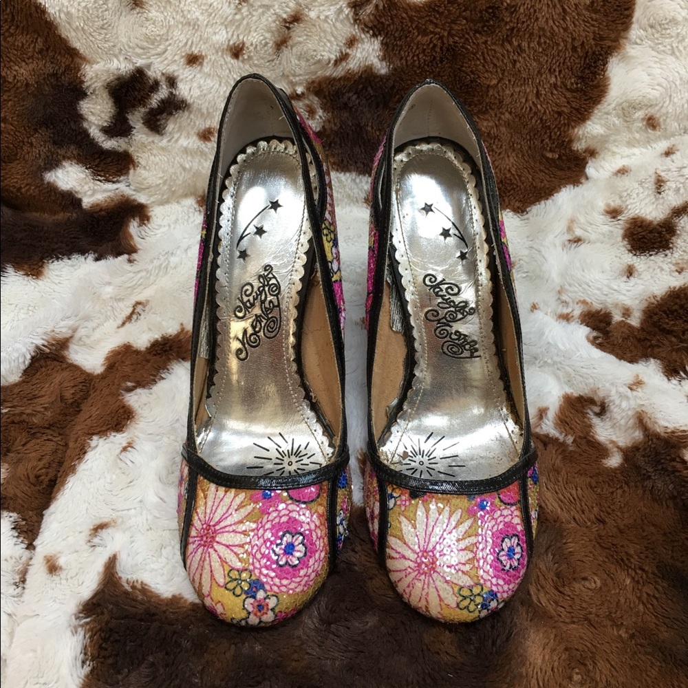Naughty Monkey multicolored sequined chunky heels.