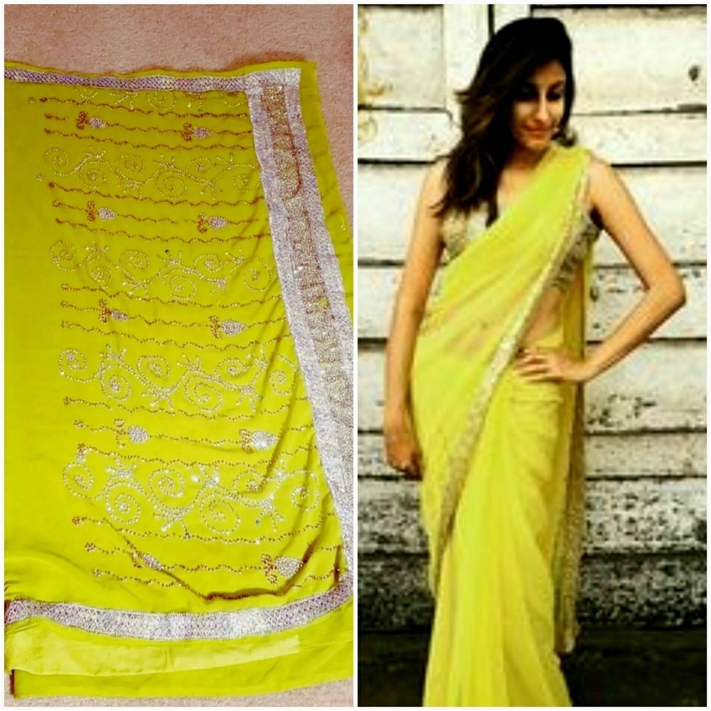 Lime green georgette saree with kundan work