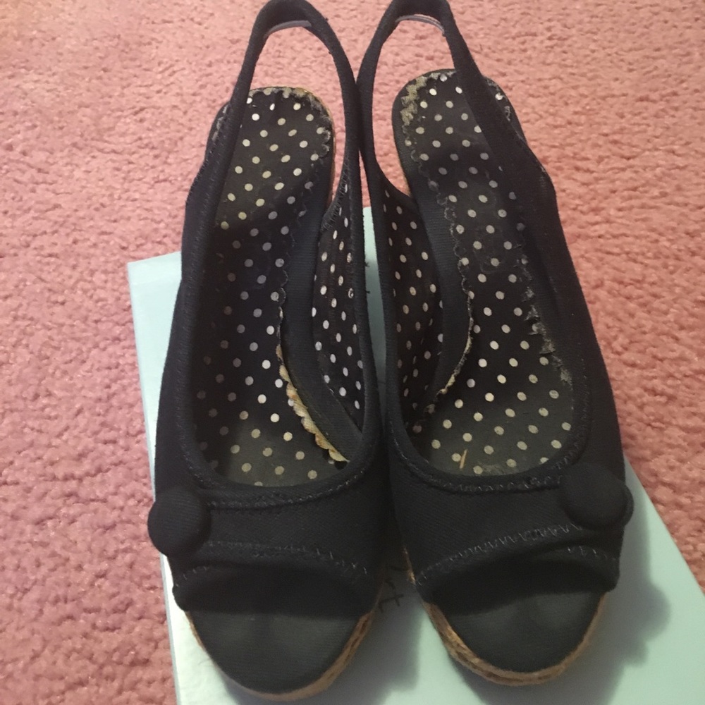 Navy and tan wedge sandals, size 7