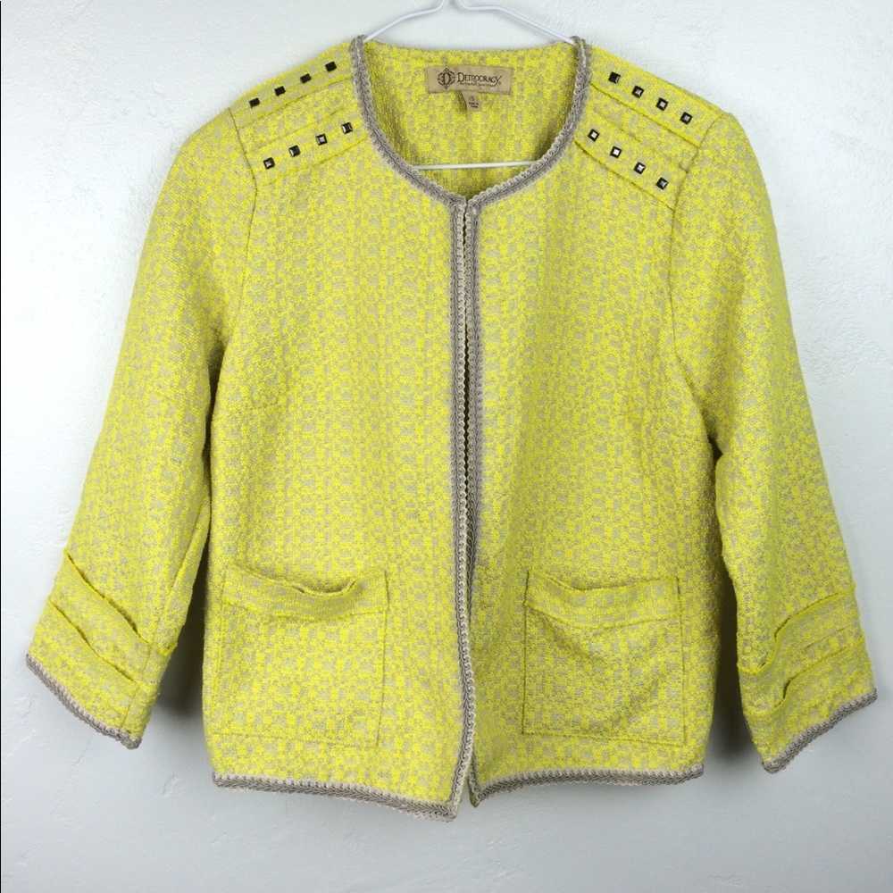 Democracy tweed fun and chic yellow studded blazer