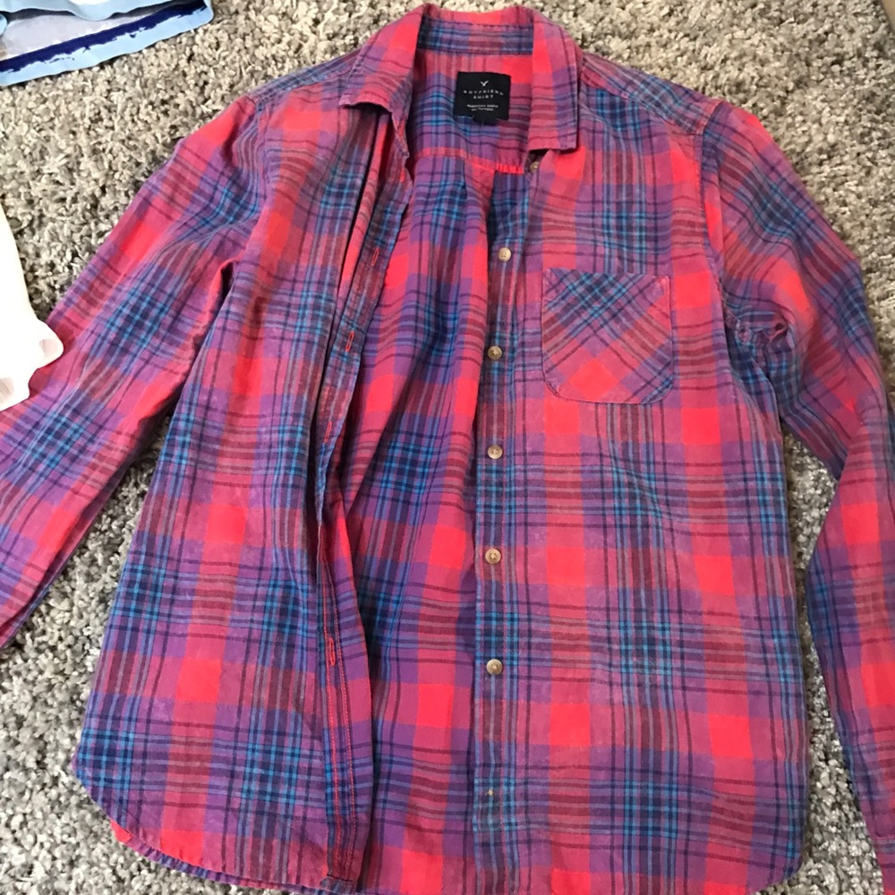 American Eagle Pink/Blue/Purple Boyfriend Flannel