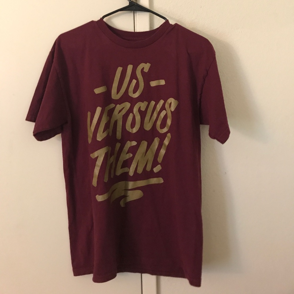 Maroon with Gold Writing Us Versus Them T-Shirt