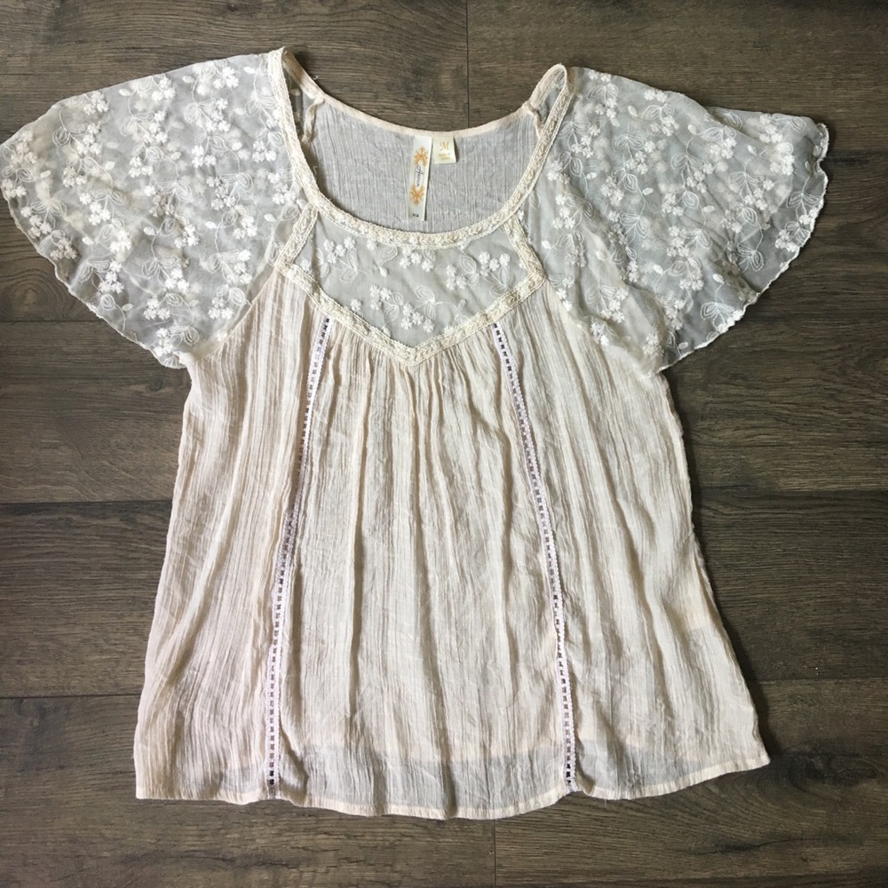 Champagne Flowy Top with Embroidered Detail - Picture 1 of 4