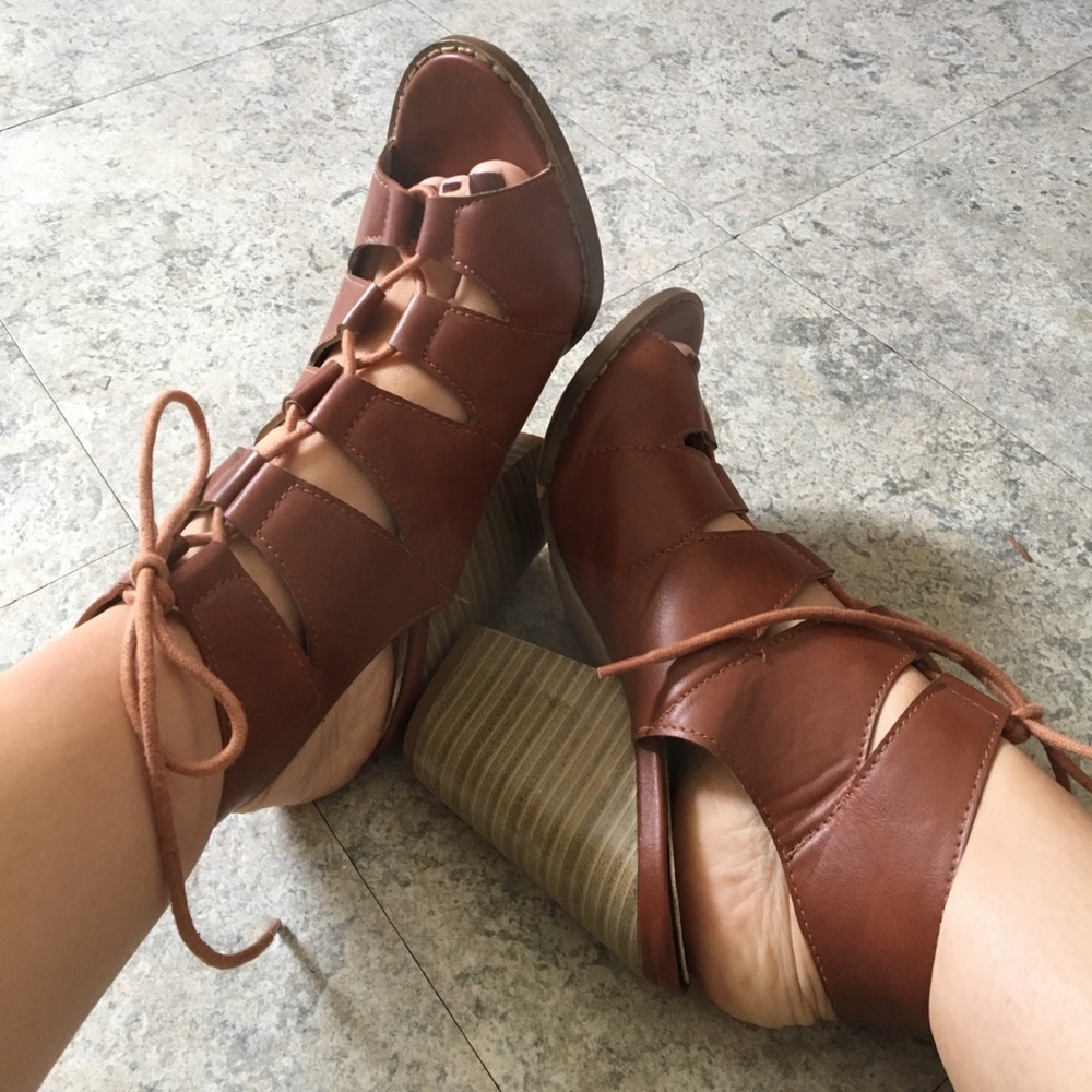 Brown lace up heel booties
