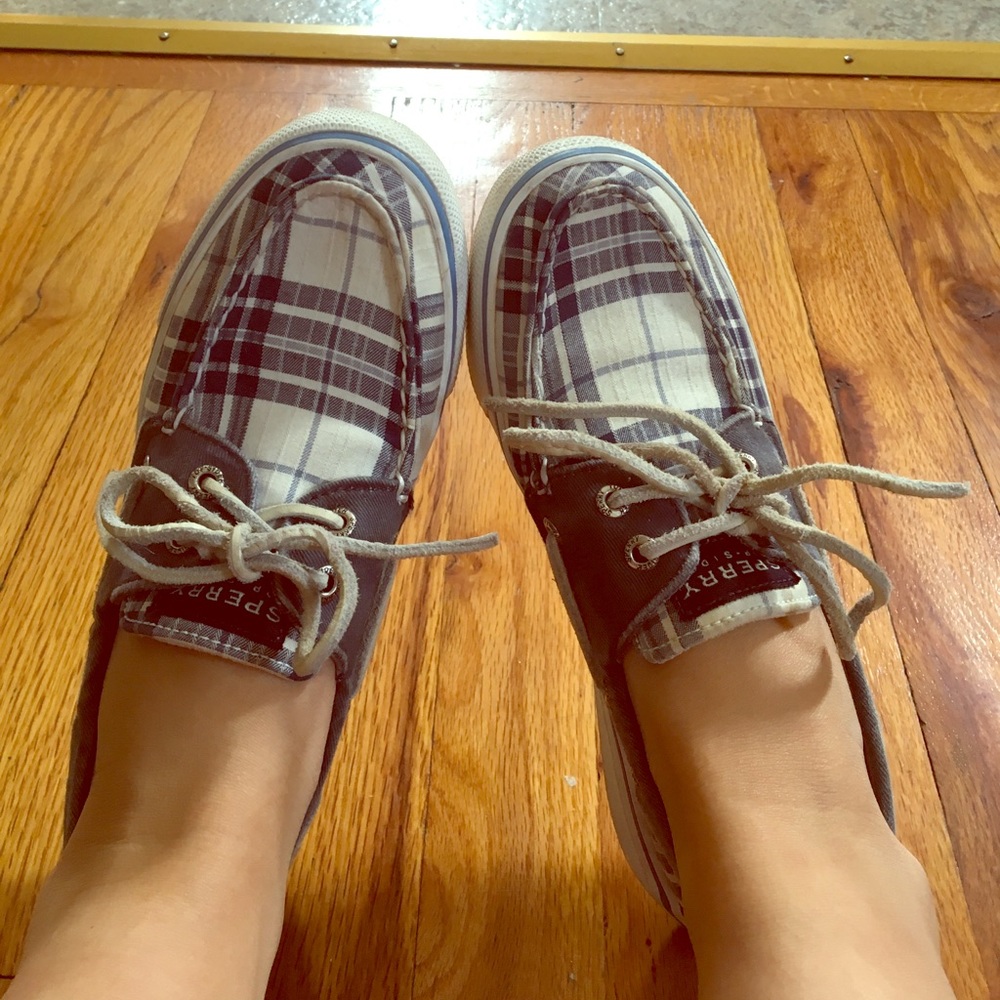 Sperry Top Sider Plaid Blue & White slip ons