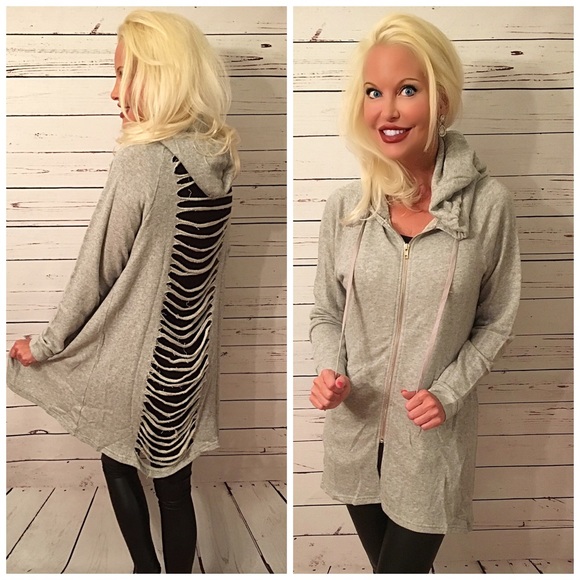 Distressed Boyfriend Heather Gray Hoodie Sweater - Picture 2 of 2