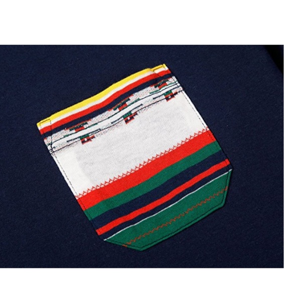 Mens Jacquard Stripe Pocket Crew Neck Tee Blue - Picture 3 of 5