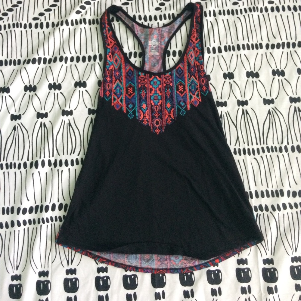 Black Tank Top with Orange and Blue Design