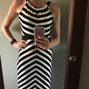 Black and white halter maxi dress.