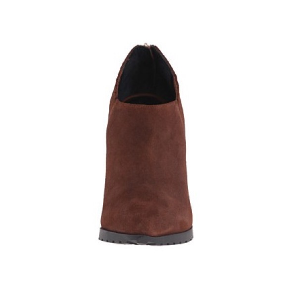 Cognac Suede Slim Heel Distressed Ankle Booties - Picture 4 of 7