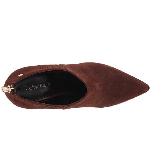 Cognac Suede Slim Heel Distressed Ankle Booties - Picture 5 of 7