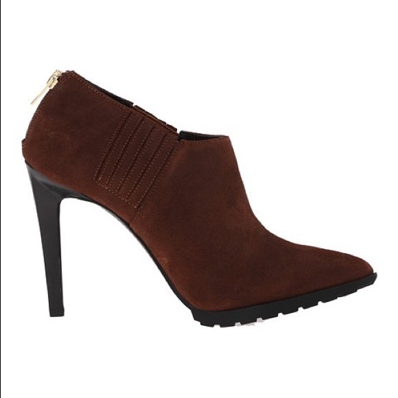 Cognac Suede Slim Heel Distressed Ankle Booties - Picture 6 of 7