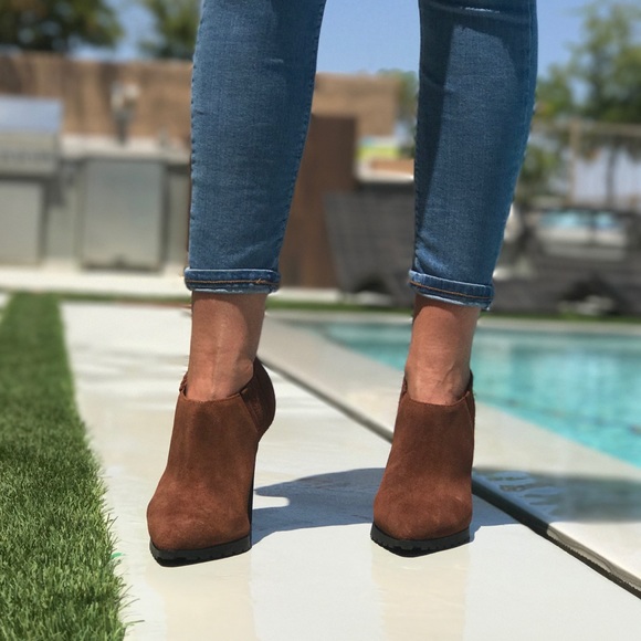 Cognac Suede Slim Heel Distressed Ankle Booties - Picture 2 of 7