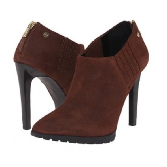Cognac Suede Slim Heel Distressed Ankle Booties - Picture 7 of 7