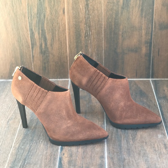 Cognac Suede Slim Heel Distressed Ankle Booties - Picture 3 of 7
