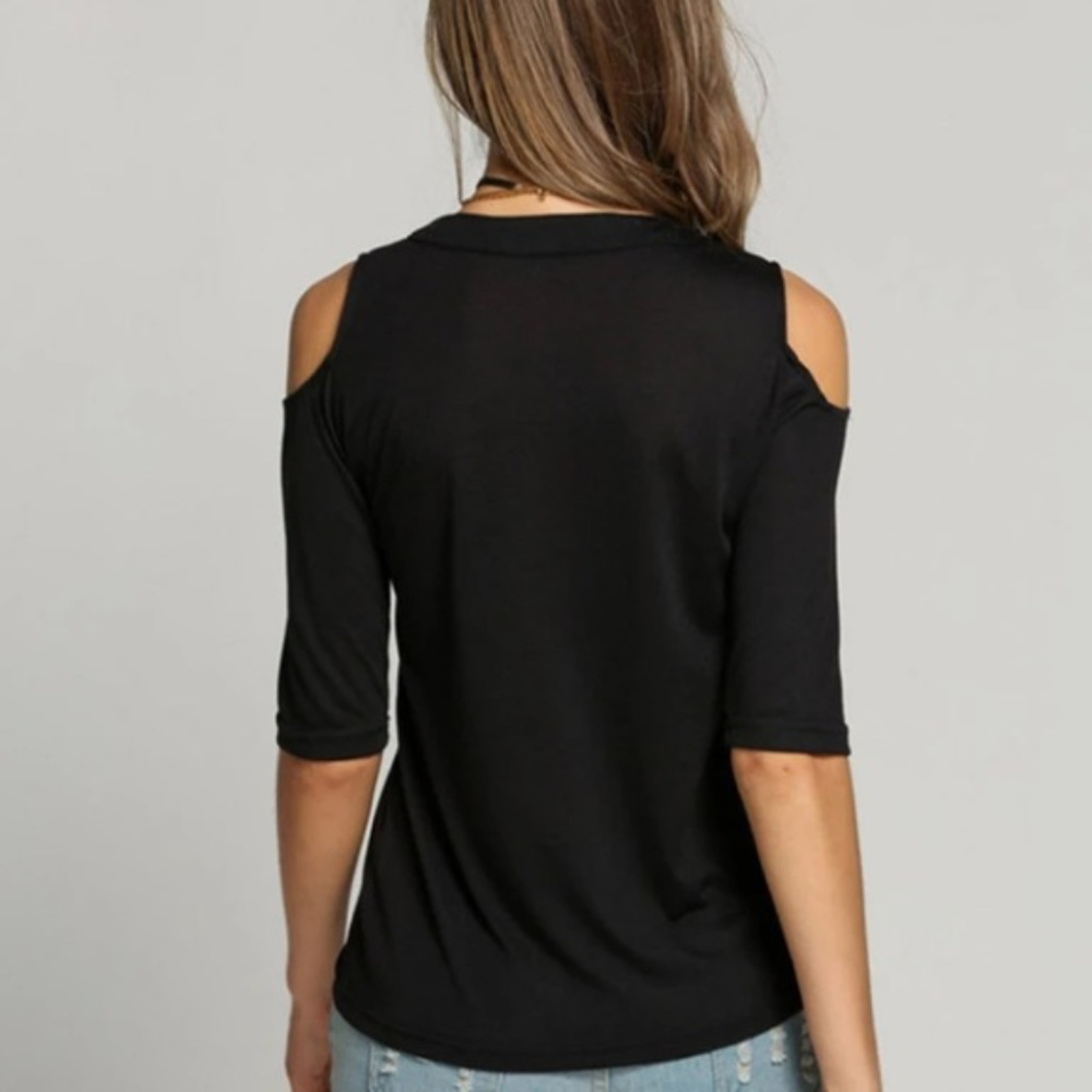 Lace Up Sexy V-Neck Open Cold Shoulder Tops -Black - Picture 4 of 8