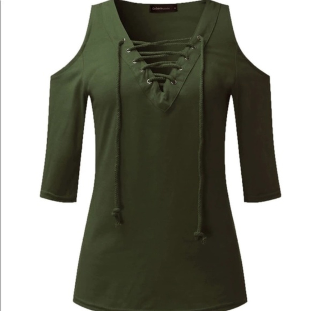 Lace Up Sexy V-Neck Open Cold Shoulder Tops -Black - Picture 8 of 8