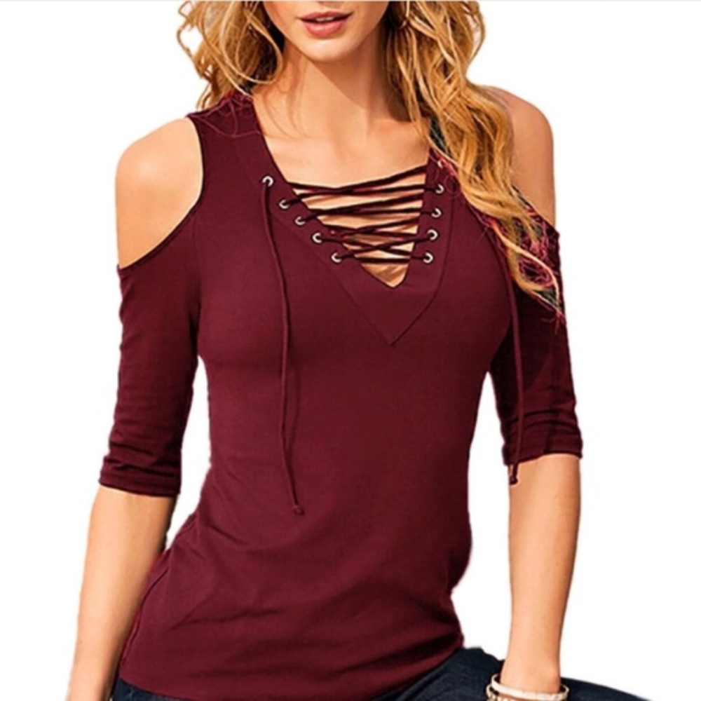 Lace Up Sexy V-Neck Open Cold Shoulder Tops -Black - Picture 2 of 8