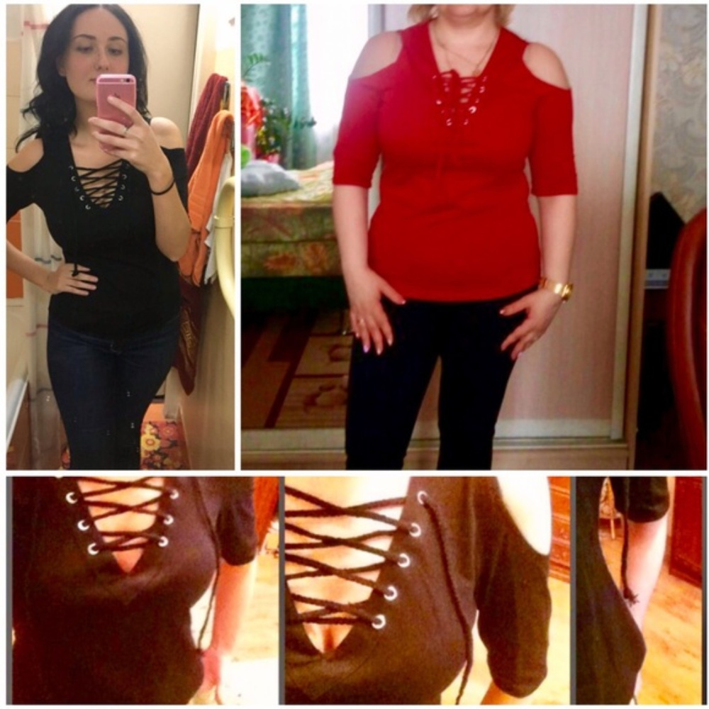 Lace Up Sexy V-Neck Open Cold Shoulder Tops -Black - Picture 5 of 8