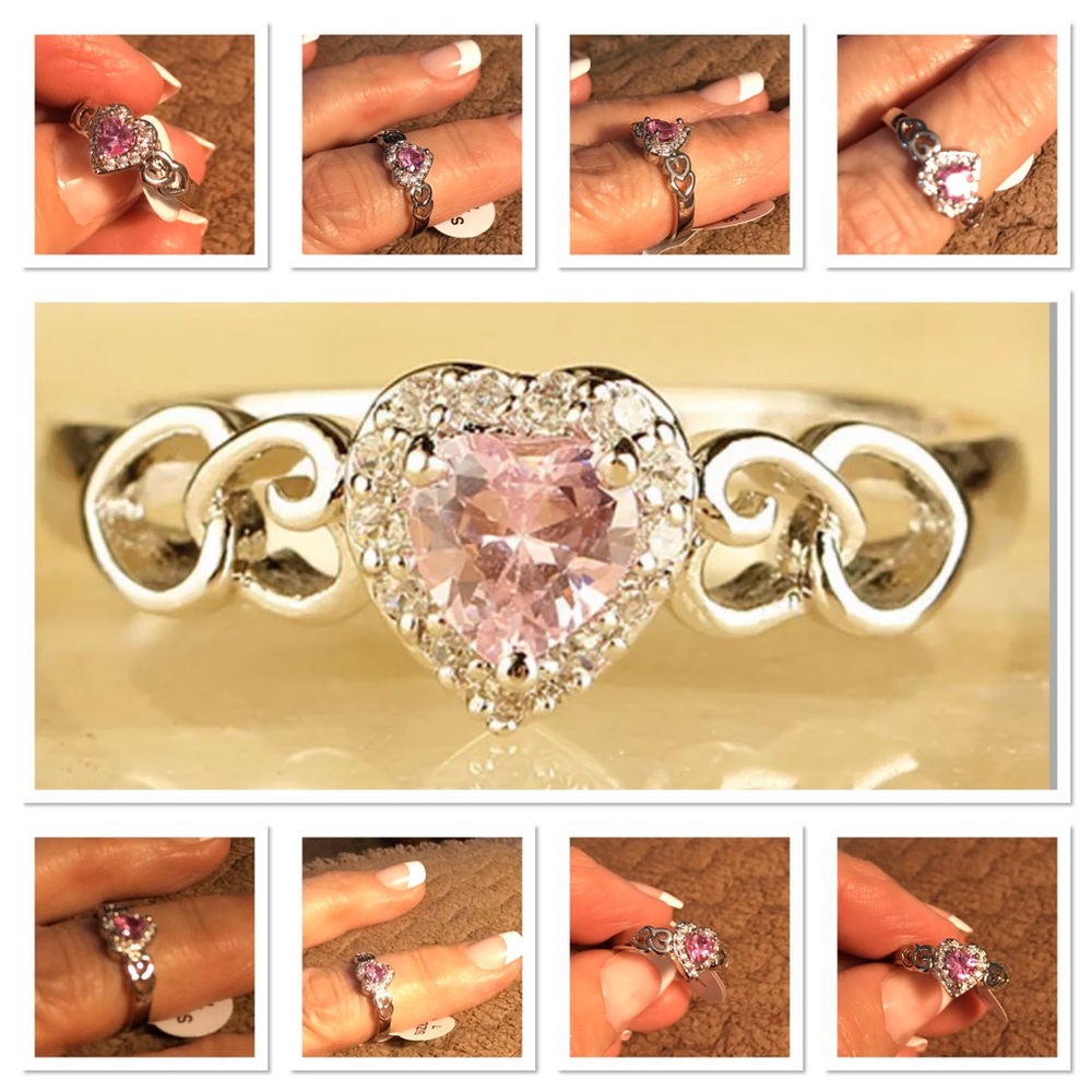 Pink heart white topaz ring size 7