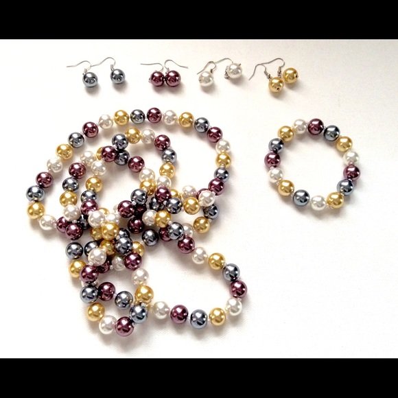 Faux Pearl Necklace Bracelet Earrings Set Spring - Picture 2 of 8