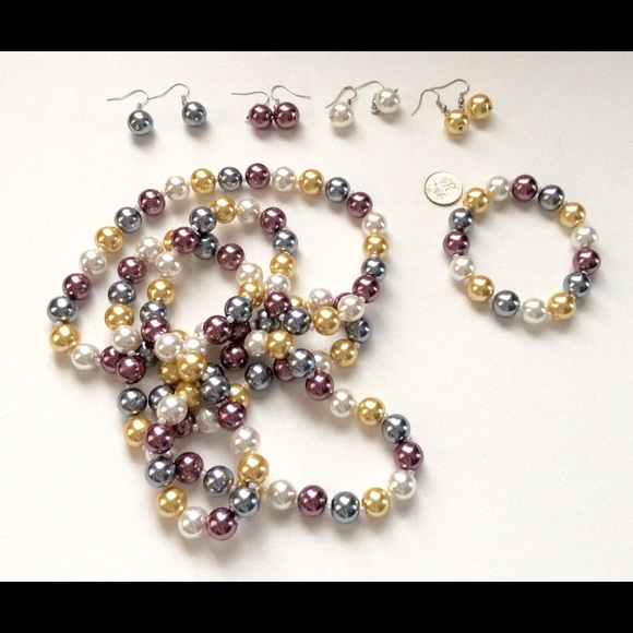 Faux Pearl Necklace Bracelet Earrings Set Spring - Picture 6 of 8