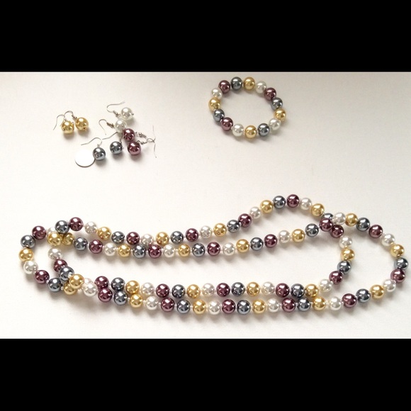 Faux Pearl Necklace Bracelet Earrings Set Spring - Picture 3 of 8