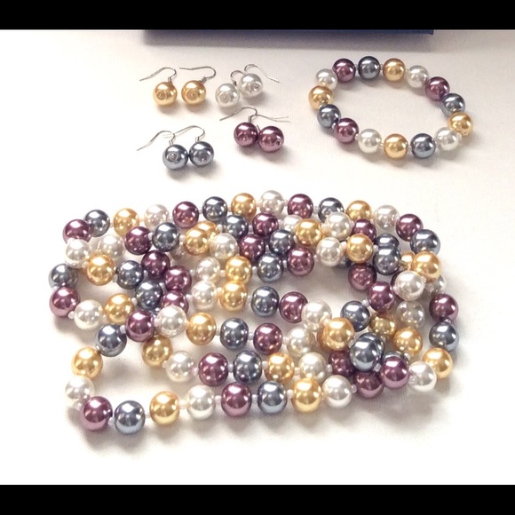 Faux Pearl Necklace Bracelet Earrings Set Spring - Picture 1 of 8
