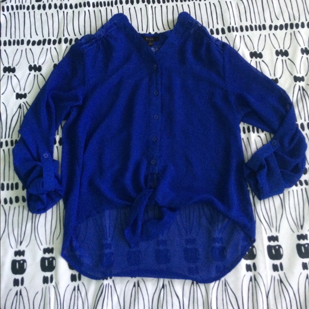 Royal Blue Sheer Front tie Button Up Top