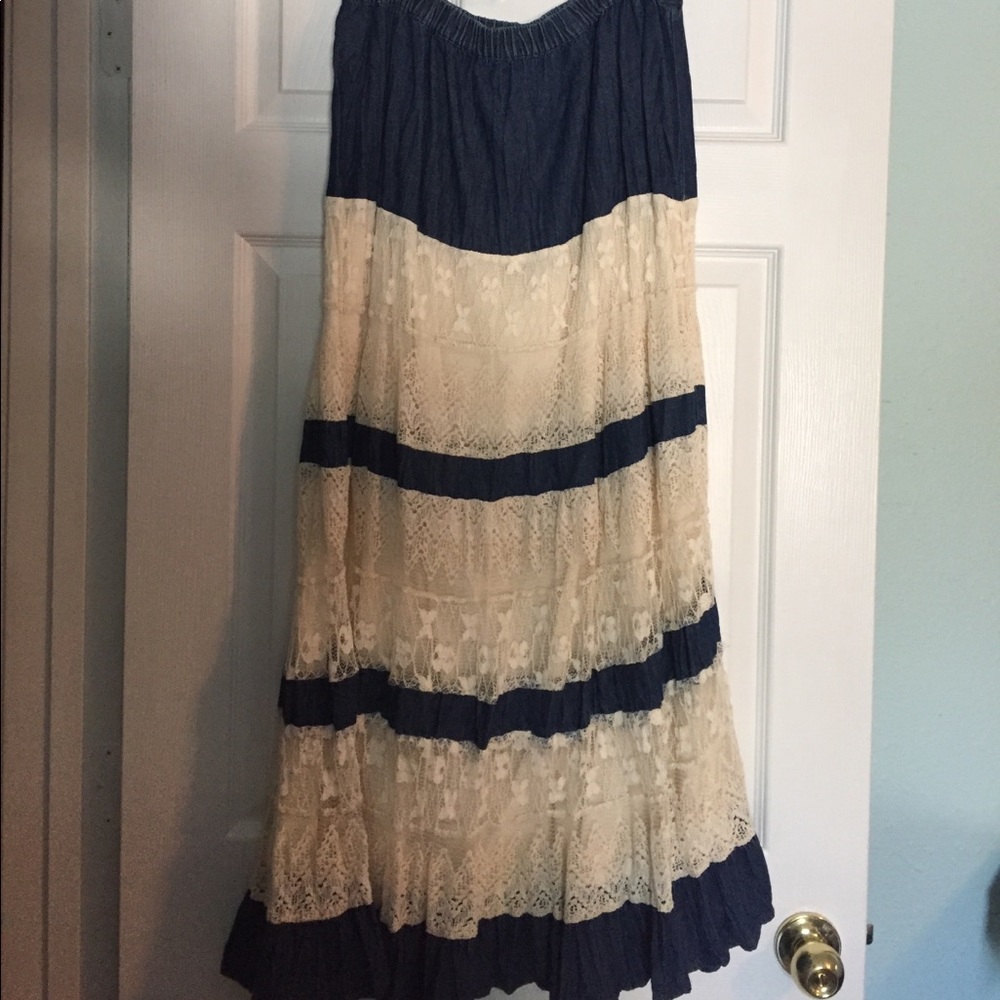NWOT Denim and Lace Maxi Skirt Size L
