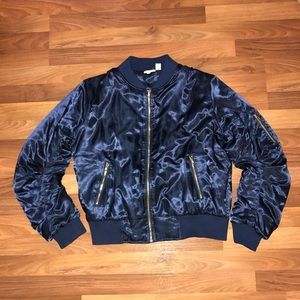 Navy Blue Satin Bomber Jacket
