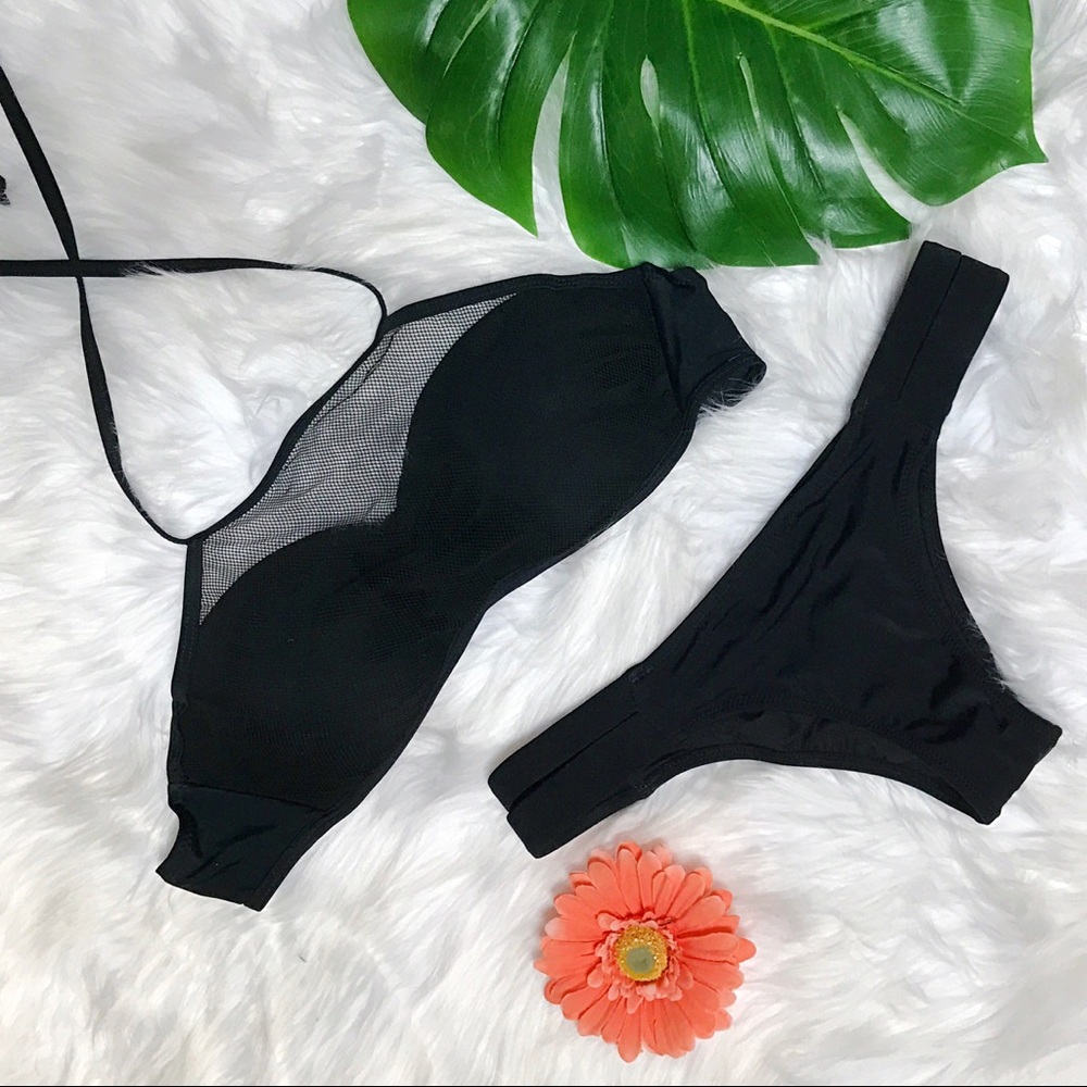 Black Mesh High Neck Halter Swim Top