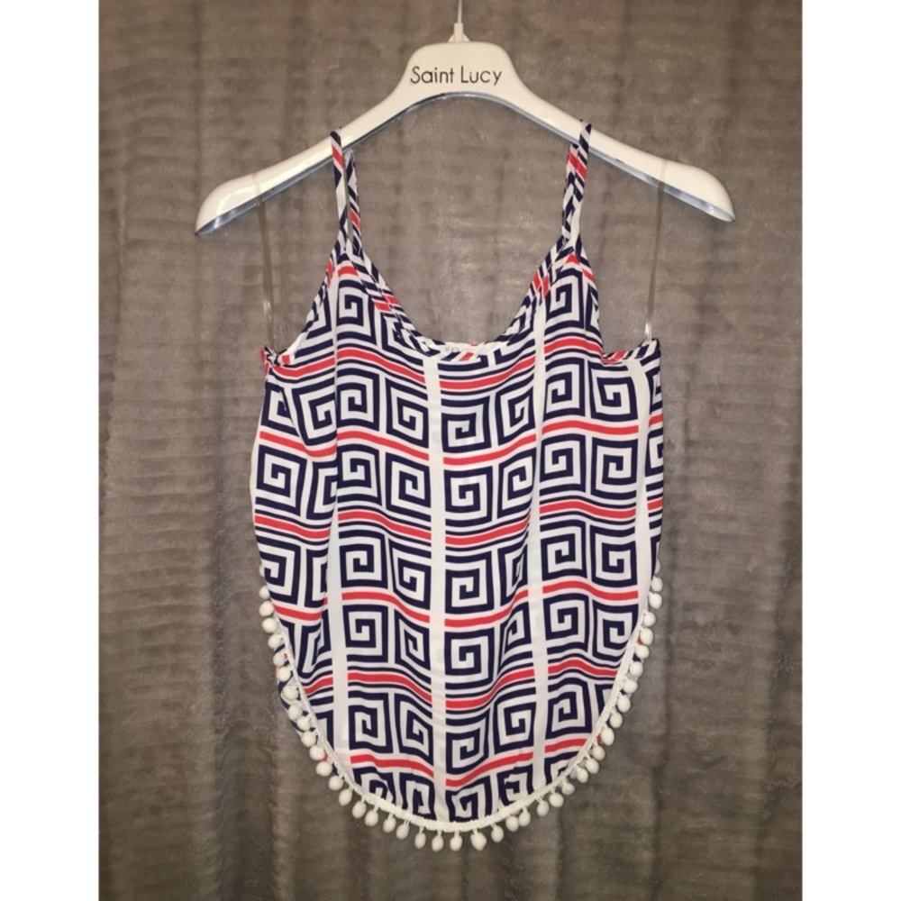 Unique Geo Print Top With Fluffy Ball Detail