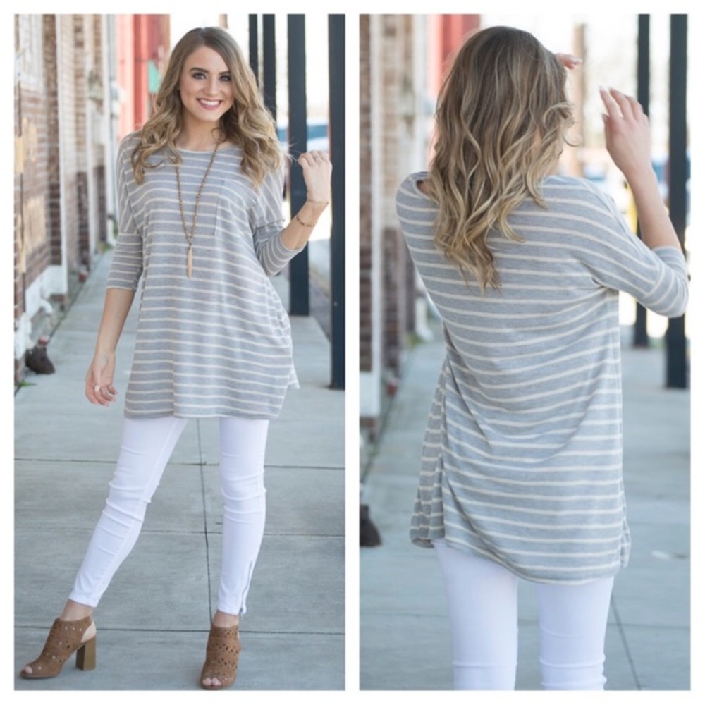 Grey Striped 3/4 Sleeve Dolman Tunic