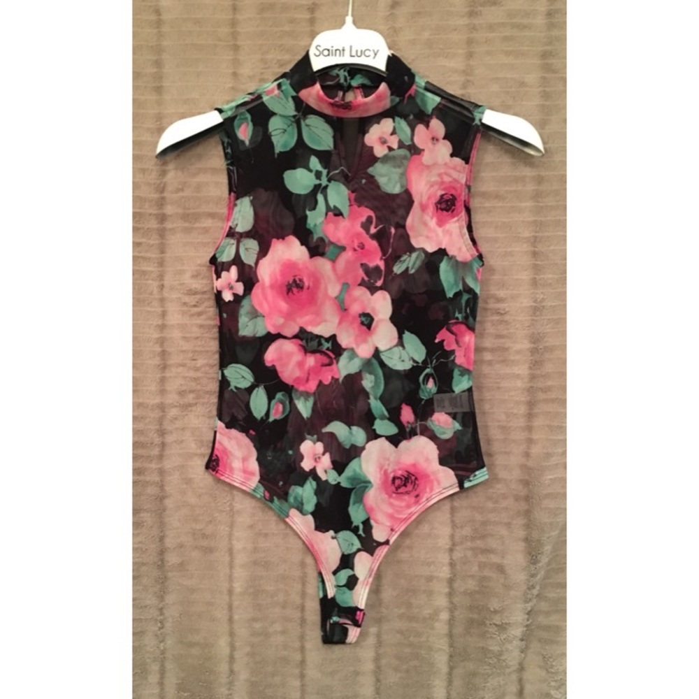 Mesh Black & Pink Flower Bodysuit