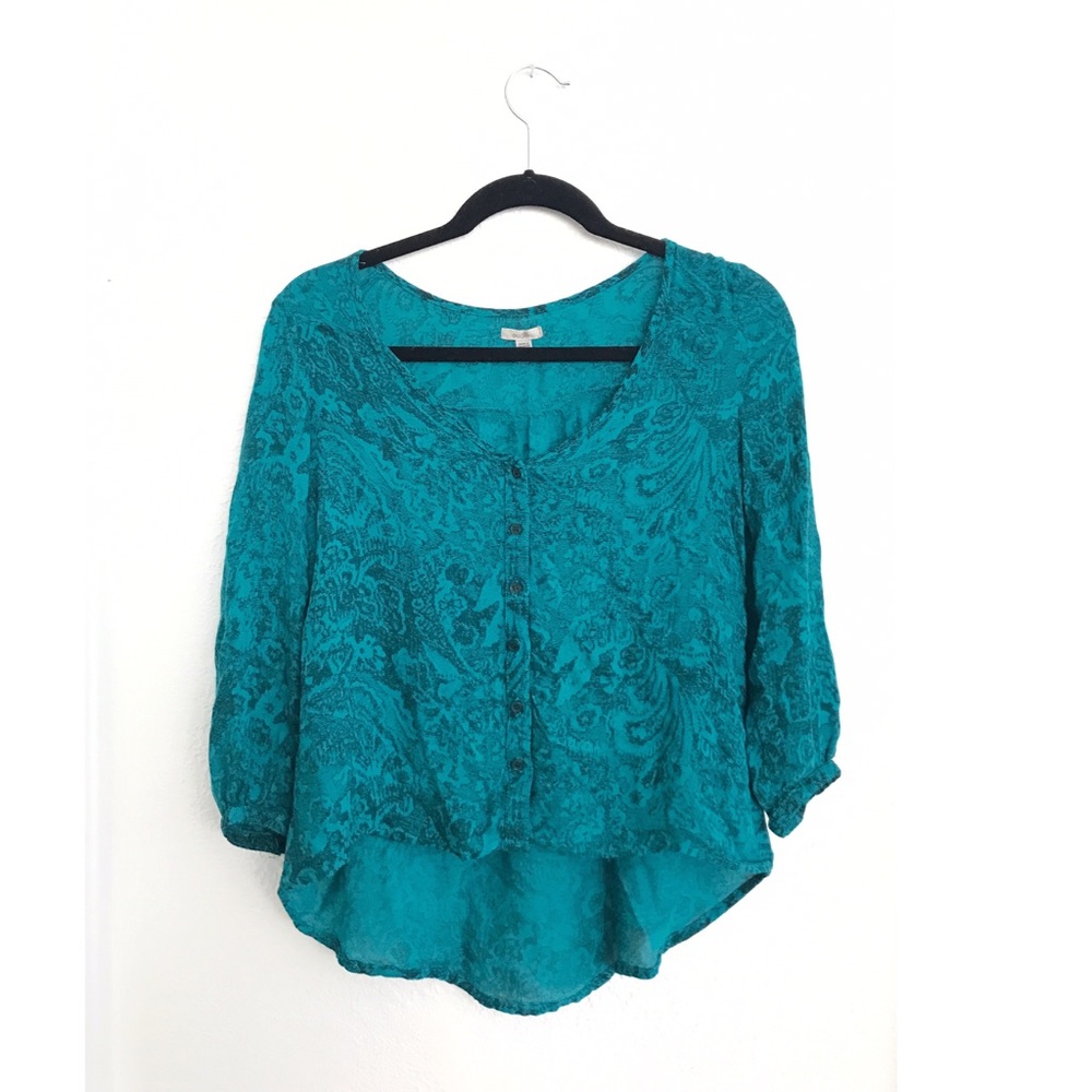 UO Ecote Patterned Teal Blouse