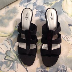 Black patent and fabric slip on dress sandal
