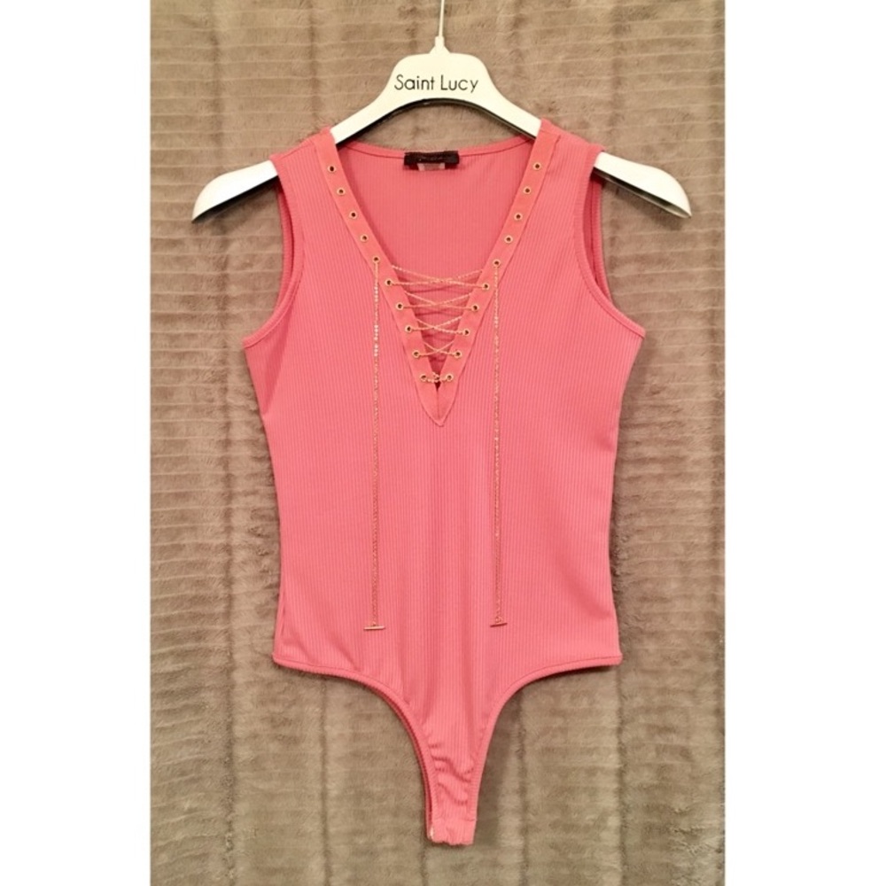 Pink Lace Up Gold Chain Bodysuit