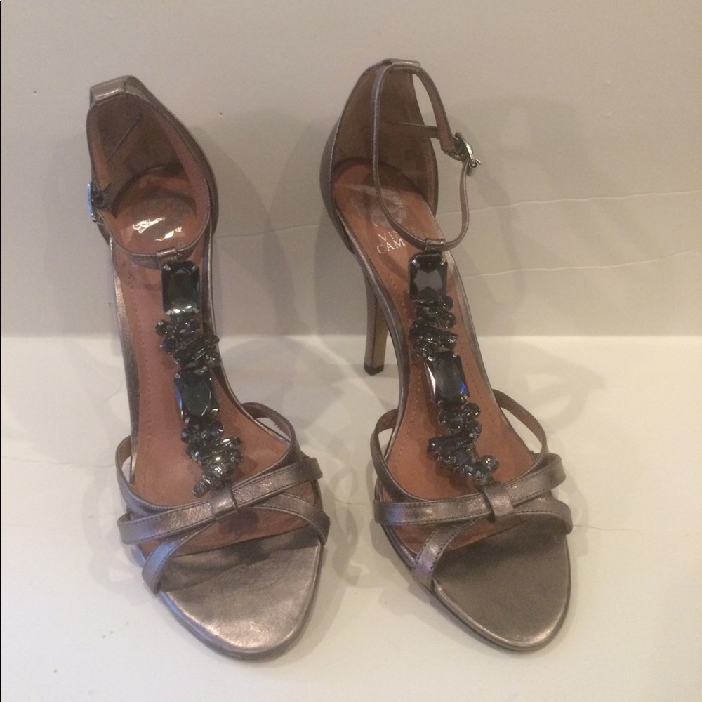 Pewter embellished open toe -4 1/2 " sandal shoes.