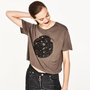 ZARA Cosmic Embellished Cropped Tee
