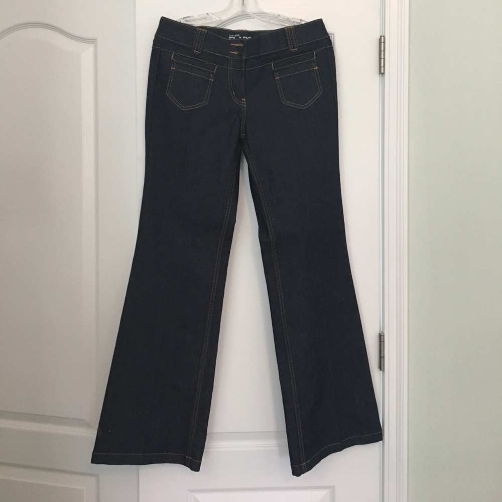 Dark wash, low rise, flare leg jeans