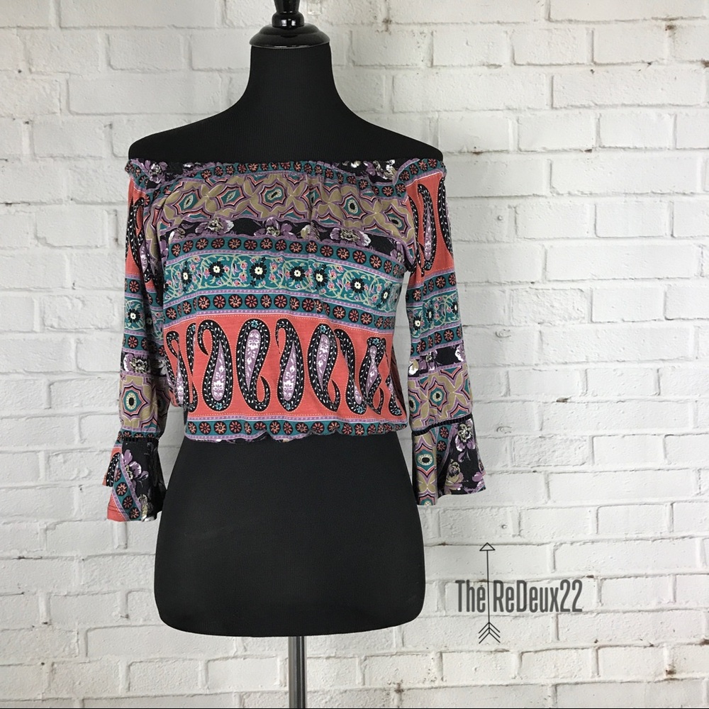 LA Hearts Cropped Bohemian Print Off Shoulder Top