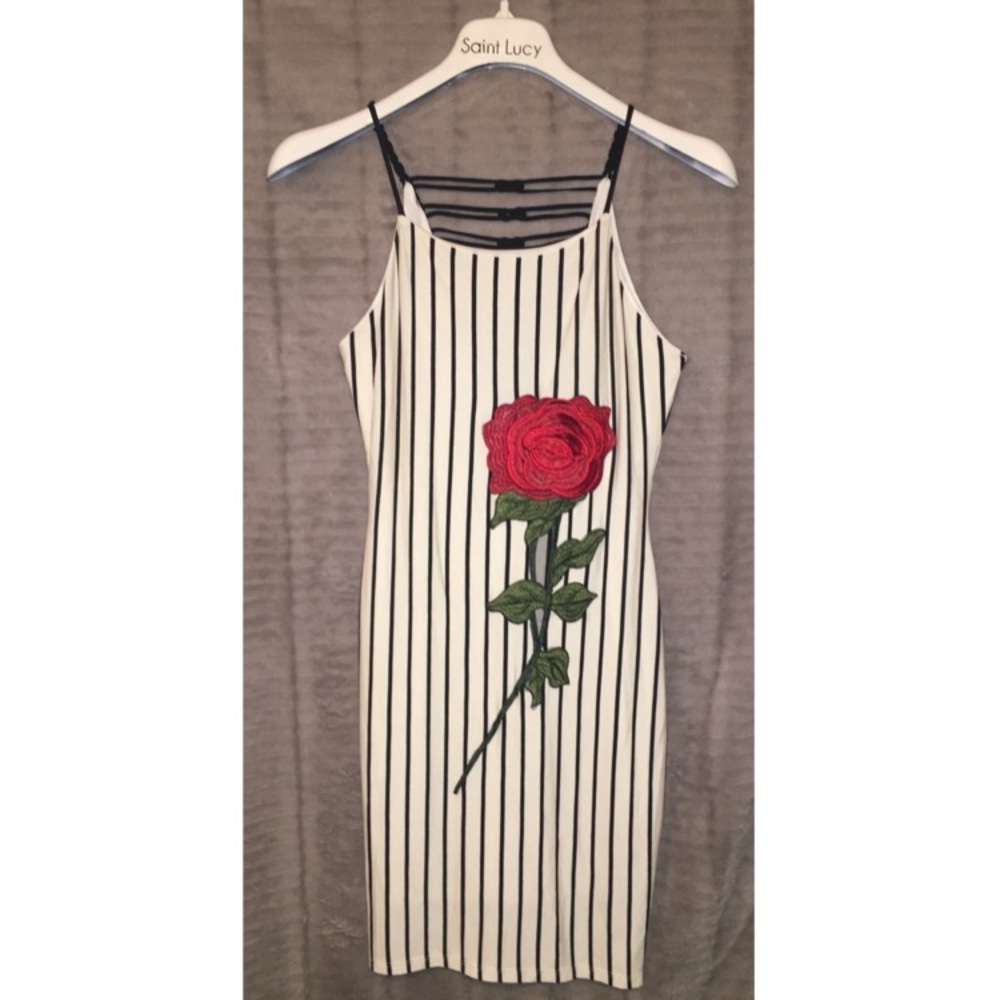 Ivory Black Striped Rose Detail Midi Dress